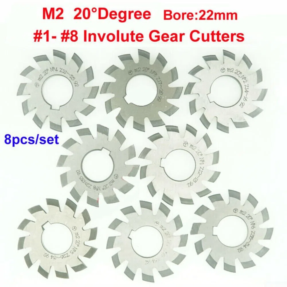 HpLive 8 pezzi HSS M2 foro 22 mm, set di frese ingranaggi Involute, 2, PA 20°, #1-8 per la fabbricazione di ingranaggi
