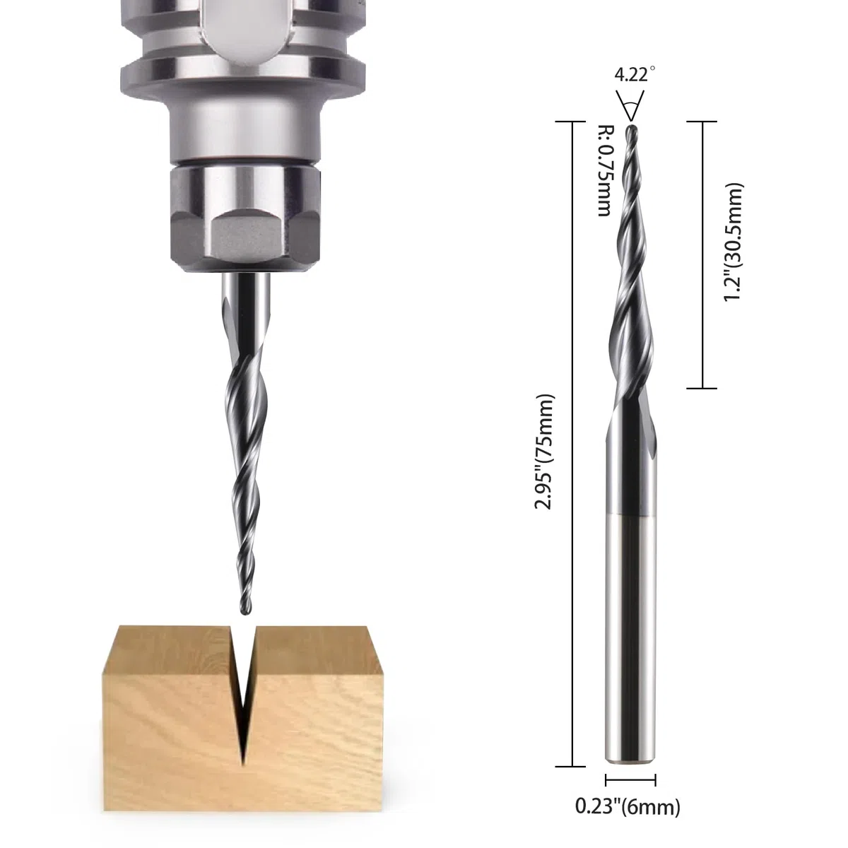 HOZLY Fresa a sfera conica CNC, 2 pezzi, fresa elicoidale R0.75, fusto da 6 mm, 2 flauti HRC55, 0,75 mm raggio CNC con rivestimento AlTiN per Gravu 2D/3D