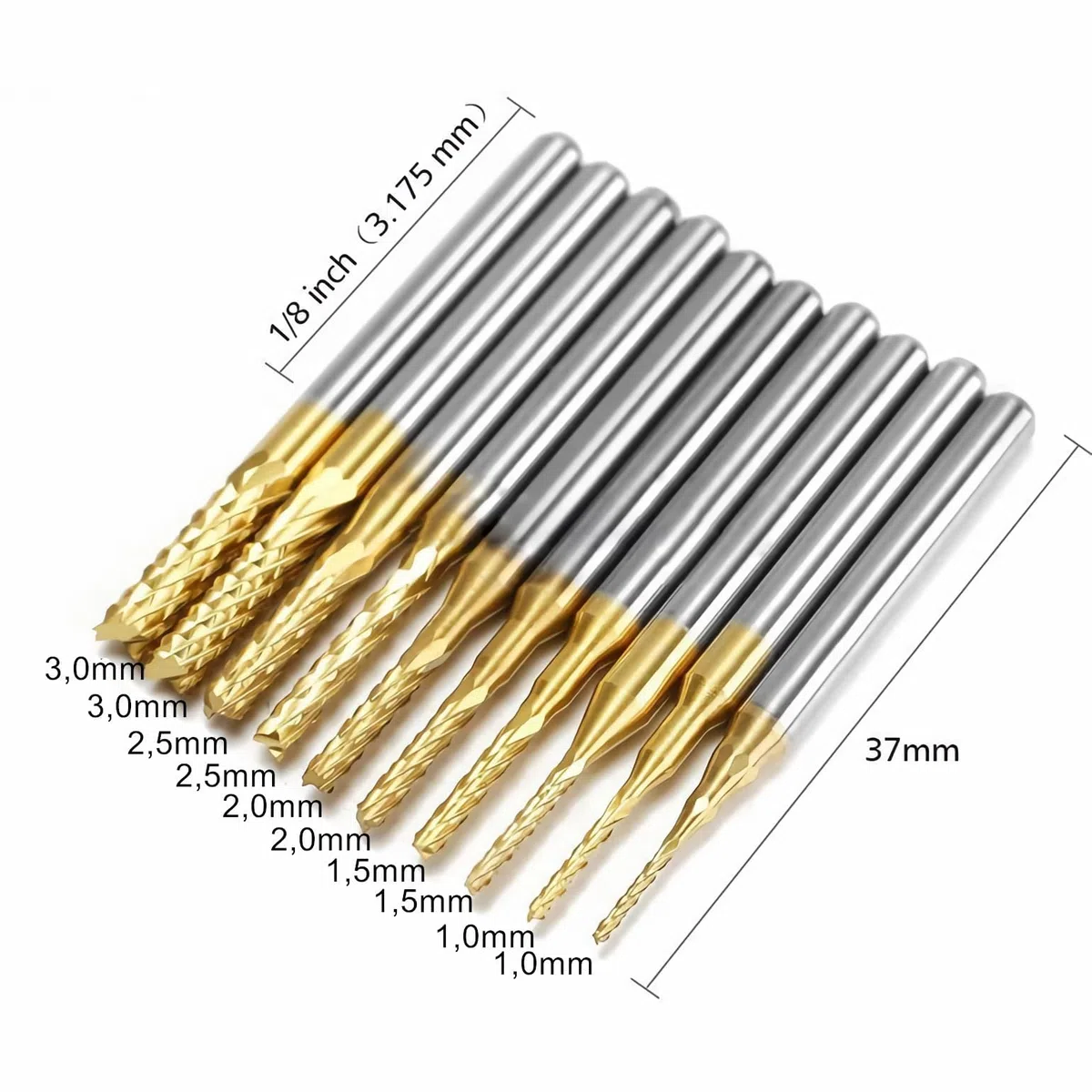 10 Pezzi Fresa CNC, Fresa per CNC in Carburo di Tungsteno, Punte Carburo Rivestite in Titanio, per Circuiti Stampati, Metallo, Plastica (1,0mm, 1,5mm, 2,0mm, 2,5mm, 3,0mm, 2 Pezzi per Tipo)