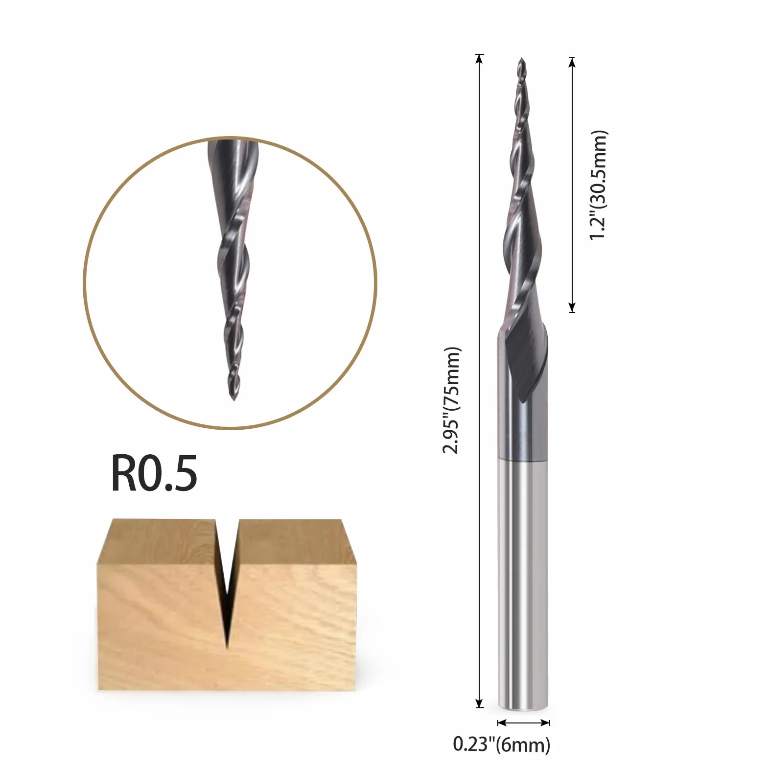 Fresa a testa sferica conica per fresa superiore CNC, fusto da 6 mm, 2 flauti HRC55, punta per fresa elicoidale a raggio 0,5 mm, punte da intaglio CNC con rivestimento AlTiN per 2D e 3D Gravu