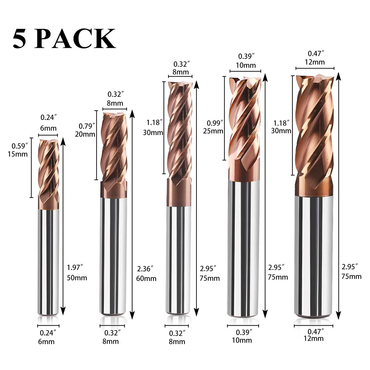 5 frese a gambo in metallo duro 4 flauto, 6 – 12 mm, CED TiSiN Coat, punta elicoidale VHM CNC, punte per trapano/fresa, 55 HRC, punta per trapano per acciaio, lega di alluminio, rame