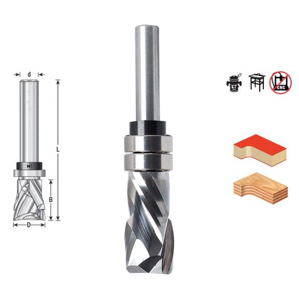 Fresa elicoidale da 8 mm, codolo Up-Down Cut, fresa a compressione VHM, fresa a compressione con 2 cuscinetti a sfera sul fusto, fresa superiore a doppio taglio, per la lavorazione del