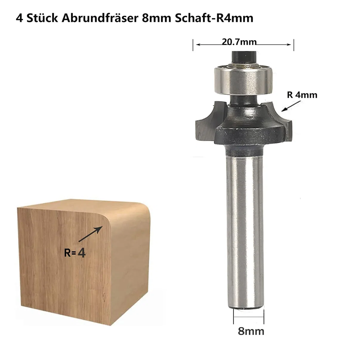 Set di 4 frese rotonde, fusto da 8 mm, fresa a raggio standard, con cuscinetto a sfera, fresa arrotondata per fresatura dei bordi/tavolo di fresatura