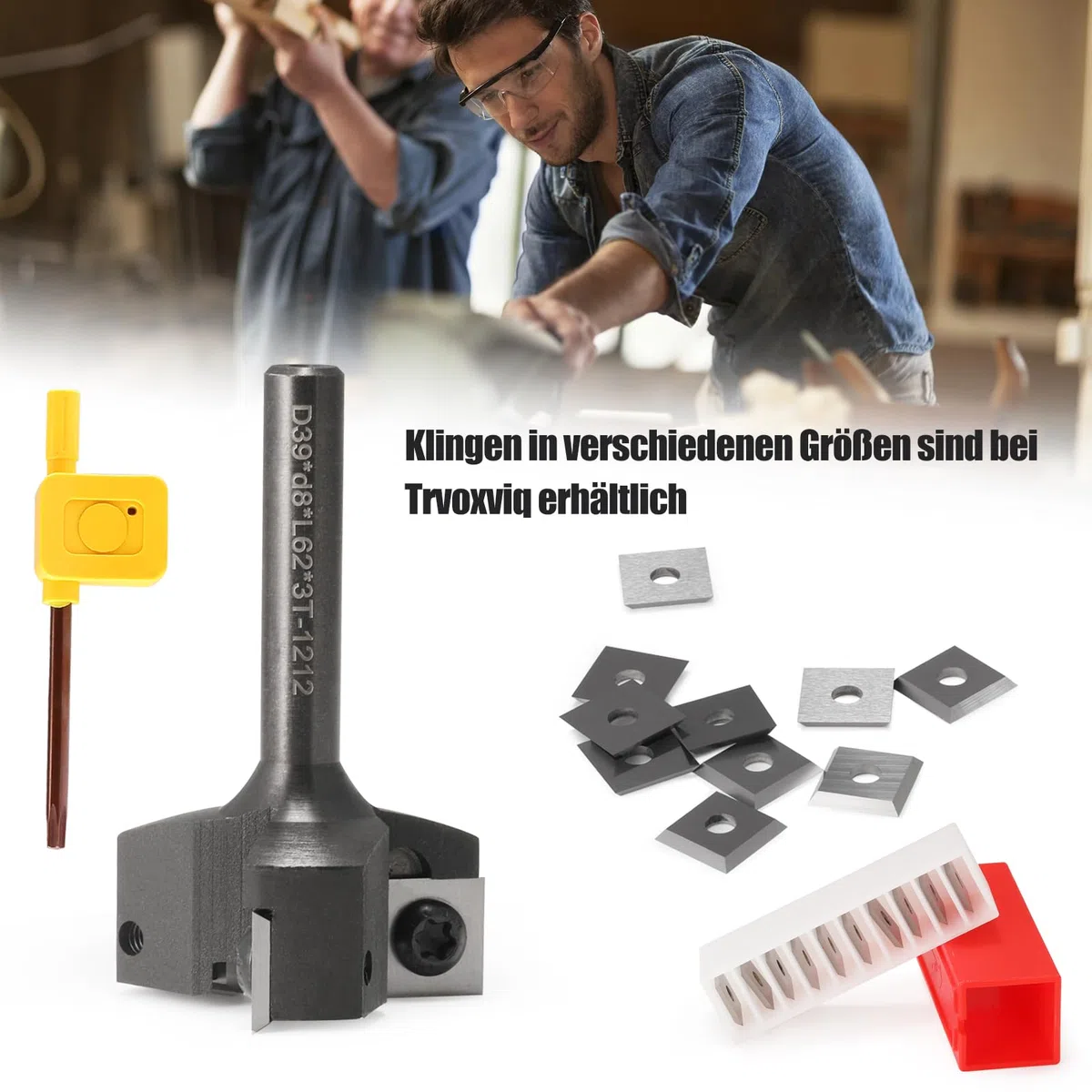 Fresa per piani, fusto da 8 mm, 3 flauti con lame in metallo duro intercambiabili (12 x 12 x 1,5 mm, 35°) per legno diametro 39 mm, fresa CNC per la pulizia delle fresatrici/macchine CNC