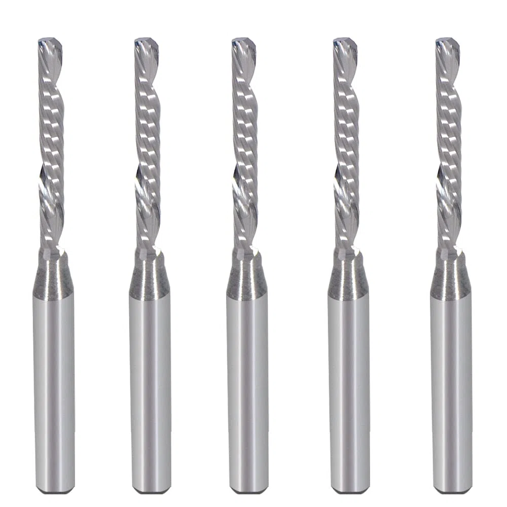 Flauto singolo da 3.175mm tagliato verso il basso (O-flauto) a spirale End Mill CNC, con taglio da 2 mm, lunghezza di taglio da 17 mm, confezione da 5
