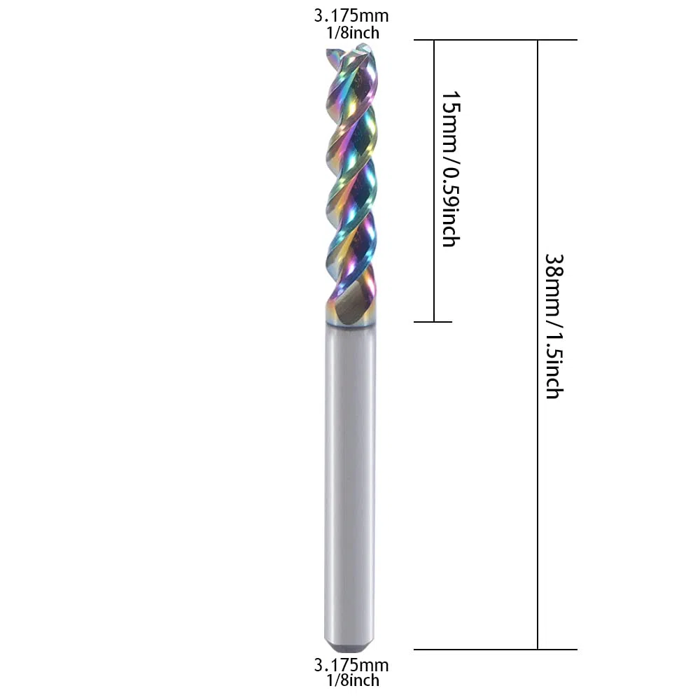Fresa a testa quadrata in metallo duro da 3.175mm per applicazioni in rame in alluminio, 3-Flute, diametro di taglio 3.175mm, design a U, confezione da 10 (3.175 * 3.175 * 15 mm)