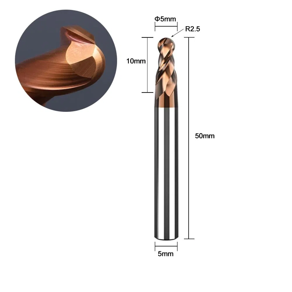 ASNOMY 2 pezzi frese a raggio VHM con testa sferica - Ø 5mm, rivestimento AlTiN HRC 55, frese a testa sferica in metallo duro, 2 taglienti fresa per incisione CNC per metallo