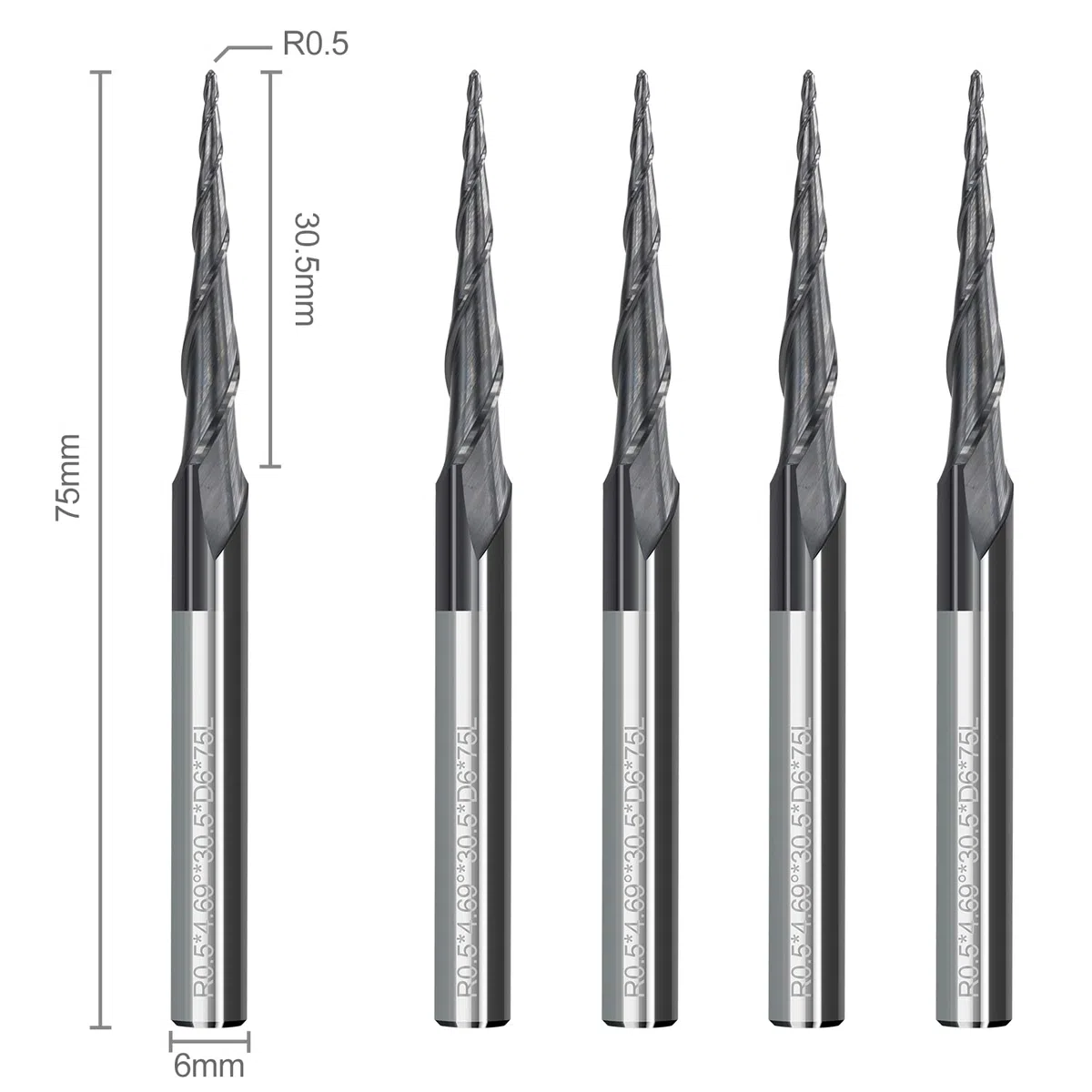 VHM, 5 punte a testa sferica, frese coniche per fresa superiore CNC 2 flauti 0,5 mm, raggio 6 mm, codolo HRC55, lunghezza totale 75 mm, rivestimento TiAlN, fresa per incisione 2D e 3D