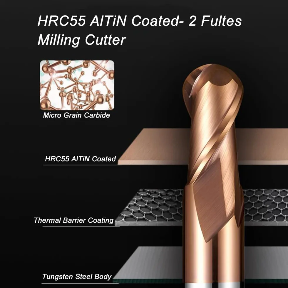 ASNOMY 2 pezzi frese a raggio VHM con testa sferica - Ø 5mm, rivestimento AlTiN HRC 55, frese a testa sferica in metallo duro, 2 taglienti fresa per incisione CNC per metallo