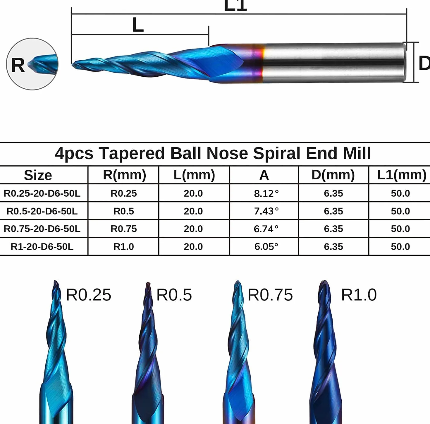 Genmitsu 4 pezzi 2-flute conico a spirale conico a punta a sfera, rivestimento nano blu, fresa CNC, incisione 2D e 3D, punte per la lavorazione del legno, R0.25-1.0, codolo da 1/4 di pollice, TB04B