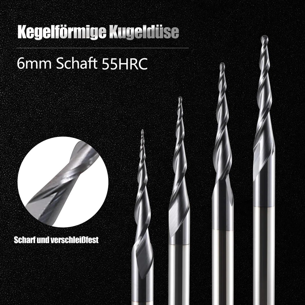 HOZLY Frese coniche a testa sferica per CNC, 2 pezzi, frese a sfera con bit a spirale a 2 tagli con gambo da 6 mm, frese a codolo con HRC55, raggio 0,5 mm, frese per intaglio CNC con rivestimento