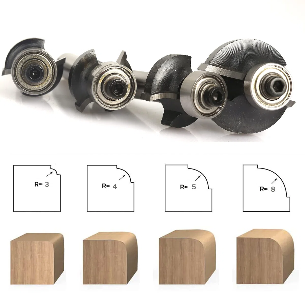Set di 4 frese rotonde, fusto da 8 mm, fresa a raggio standard, con cuscinetto a sfera, fresa arrotondata per fresatura dei bordi/tavolo di fresatura