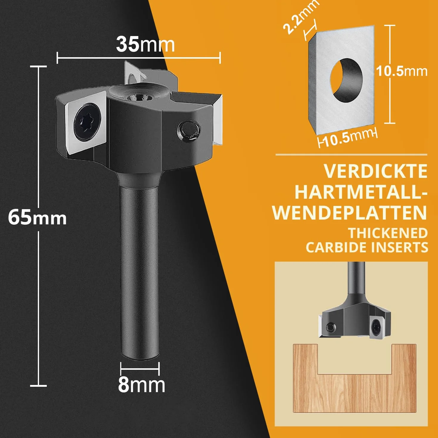SpeTool Fresa piatta con gambo di 35 mm di diametro, precisa con 3 lame intercambiabili in metallo duro (10,5 x 10,5 x 2,2 mm), 3 scanalature CNC