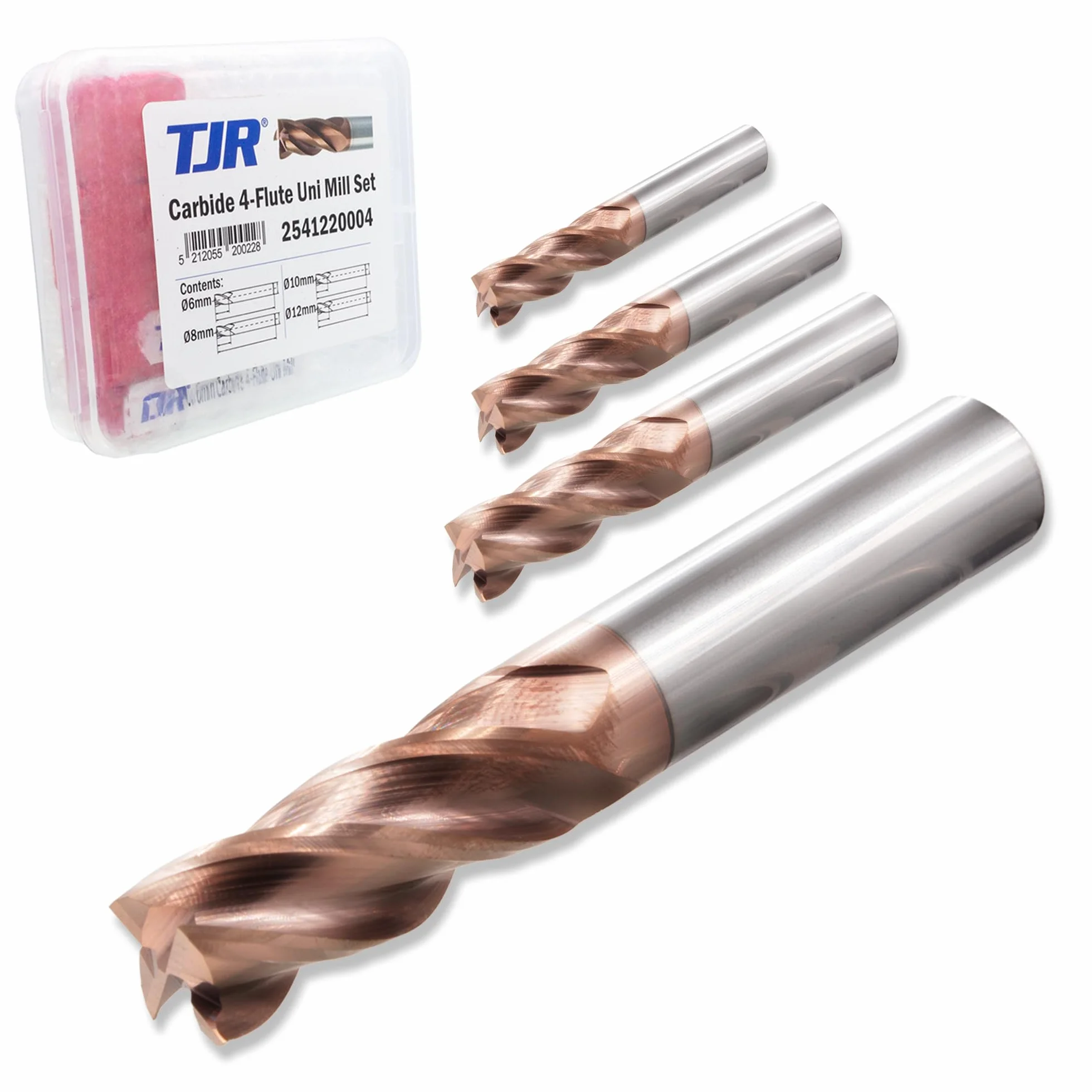 TJR Metall Duro 4-Tagli Uni Mill Set (6/8/10/12mm) – Frese in metallo duro a micrograno con rivestimento TiAlN per acciaio, acciaio inossidabile, ghisa – Fresatura CNC, taglio di precisione