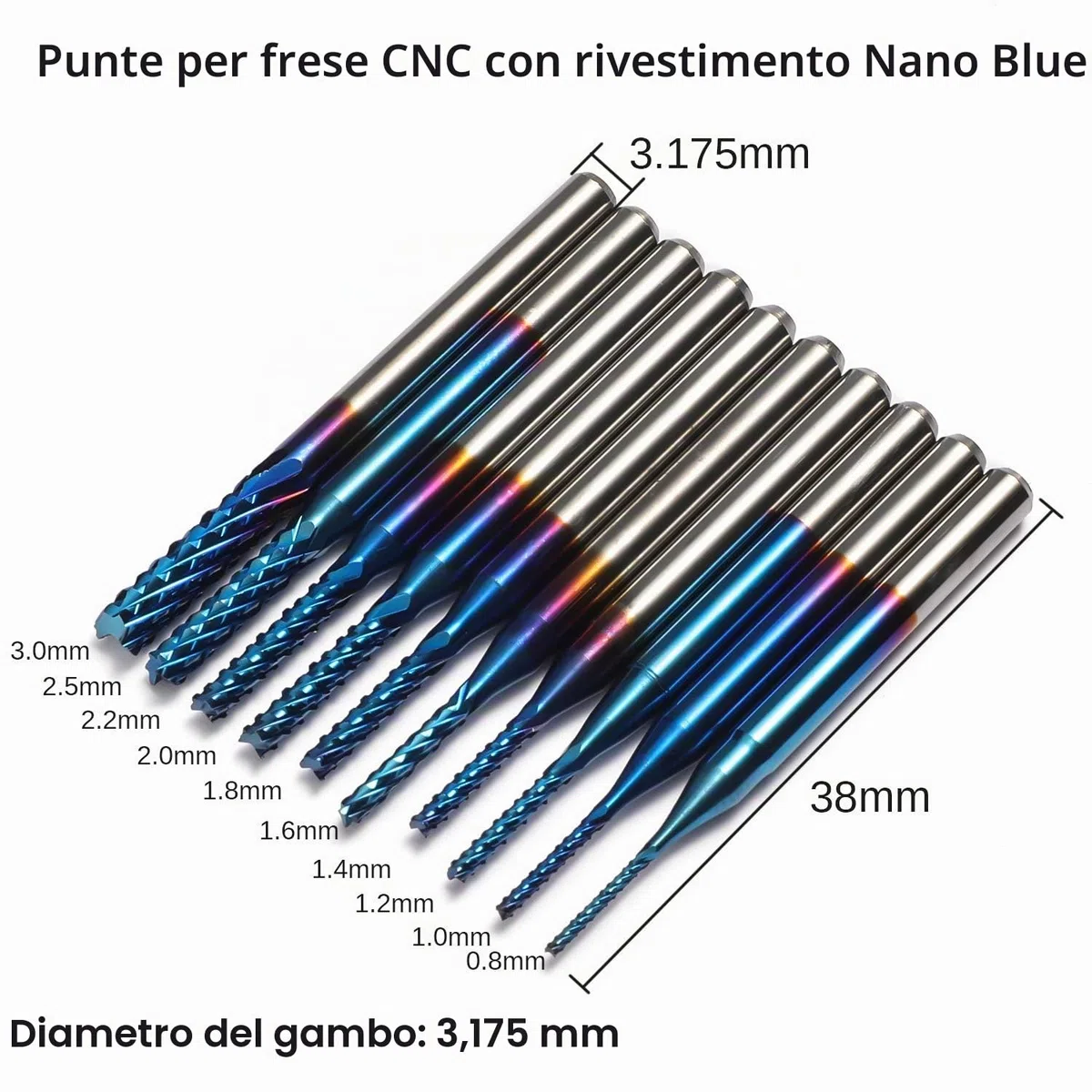 Genmitsu, 40 punte per fresa CNC per frese, gambo da 1/8", set di punte per fresatura CNC a 2 taglienti, fresa a naso piatto e testa sferica, Nano Blue Coat & Titanium Coat CNC Bit MC40A