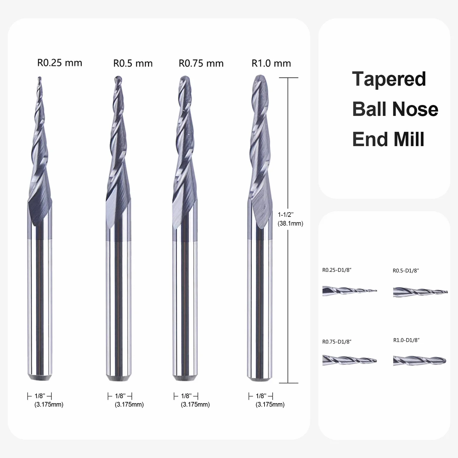 SpeTool 4 Pezzi Fresa Conica e Sferica 0,25~1,0mm CNC Con Gambo 1/8'' in Metallo Duro, Rivestimento TiAlN per Incisione e Intaglio del Legno in 2D e 3D