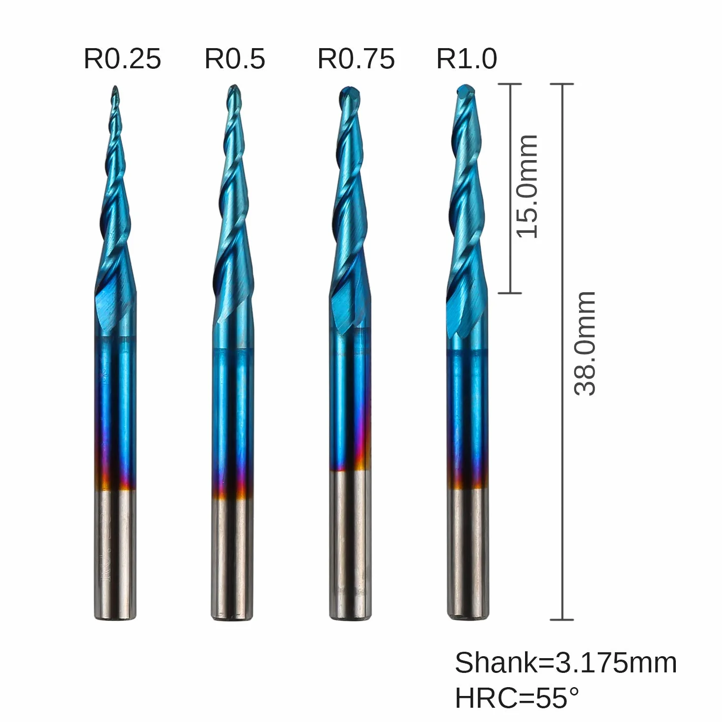 Genmitsu TB04A Frese a spirale a 2 flauti, con punta arrotondata, in carburo di tungsteno, con rivestimento Nano blu, R0.25-1.0, gambo da 1/8'', 4 pezzi