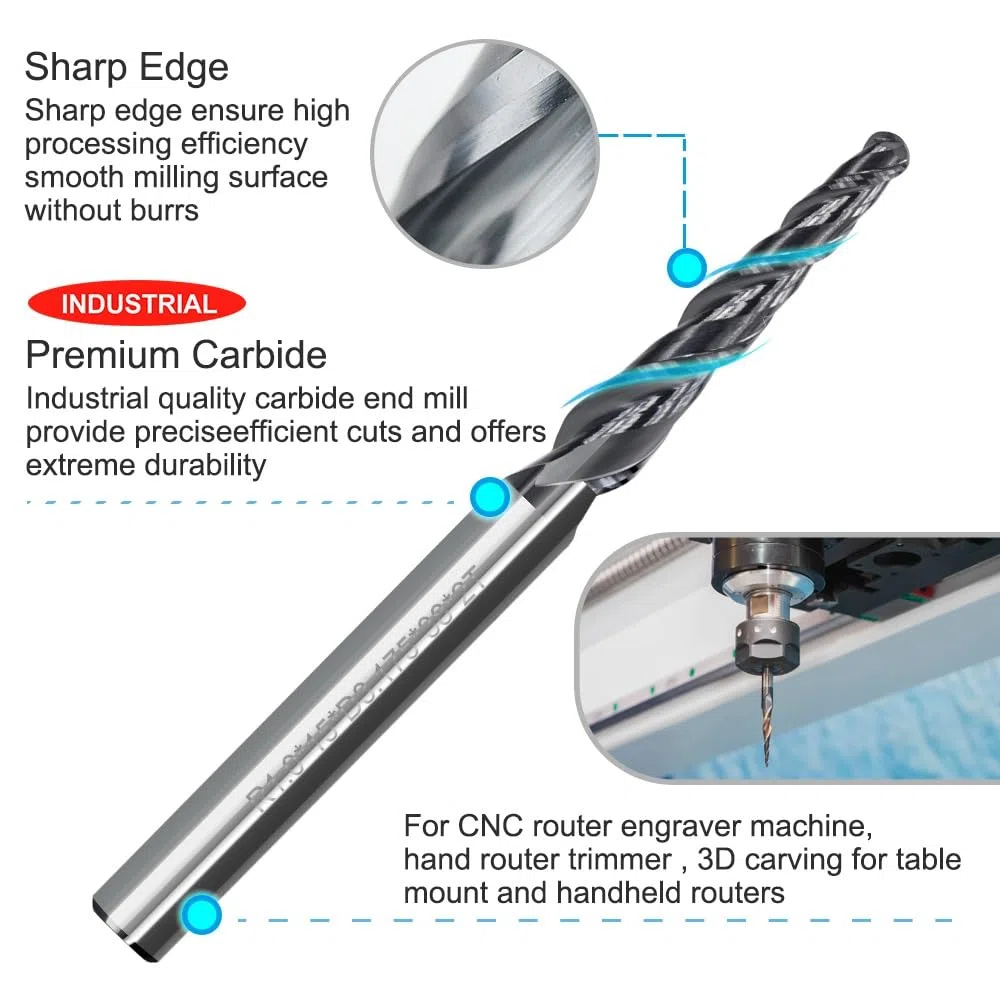 6mm 8mm gambo HRC55 fresa for legno solido carburo sfera naso conico frese 2 flauto CNC punte del router lavorazione del legno punta for incisione(TICN Coated,R1.0x47xD8x85)