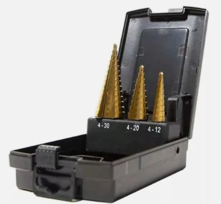 SET 3pz FRESE CONICHE ALLARGAFORO A GRADINO RIVESTITE AL TITANIO 4-30mm KRINO