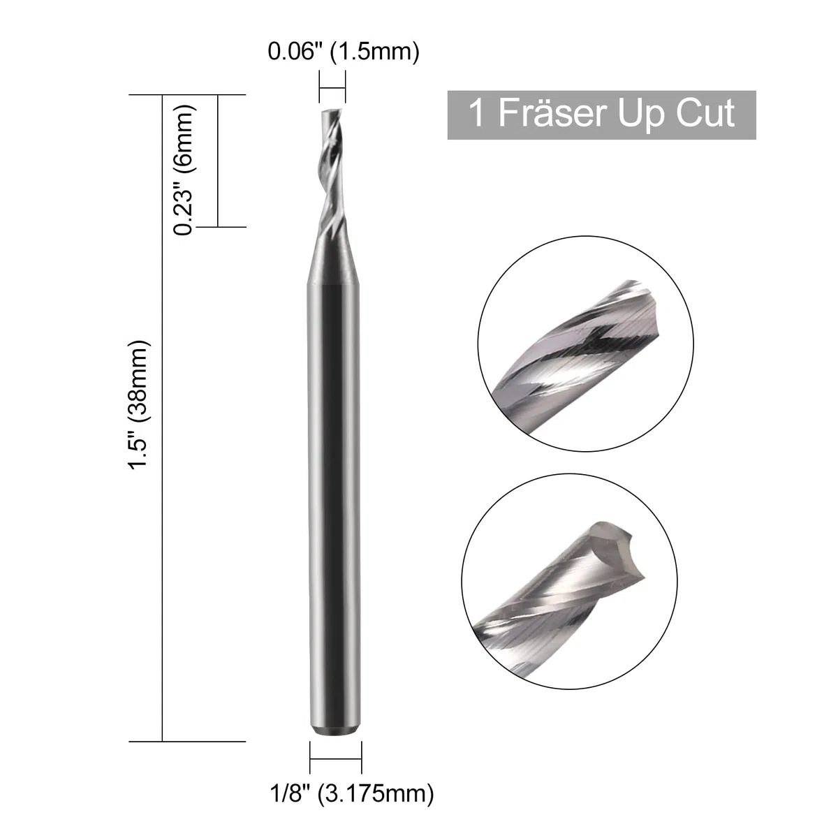 Fresa CNC a gambo singolo da 3,175 mm, per alluminio 3,175 mm, lunghezza di taglio 6 mm, lunghezza totale 38 mm, fresatrice CNC in alluminio, fresatrice CNC (3.175×1,5x6mm)