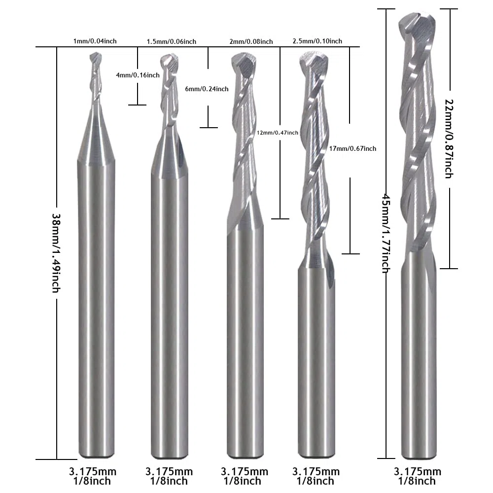 Fresa per lavori in legno, diametro 1 mm, 1,5 mm, 2,0 mm, 2,5 mm, 3,175 mm, punte a sfera in metallo duro, fresa per incisione CNC