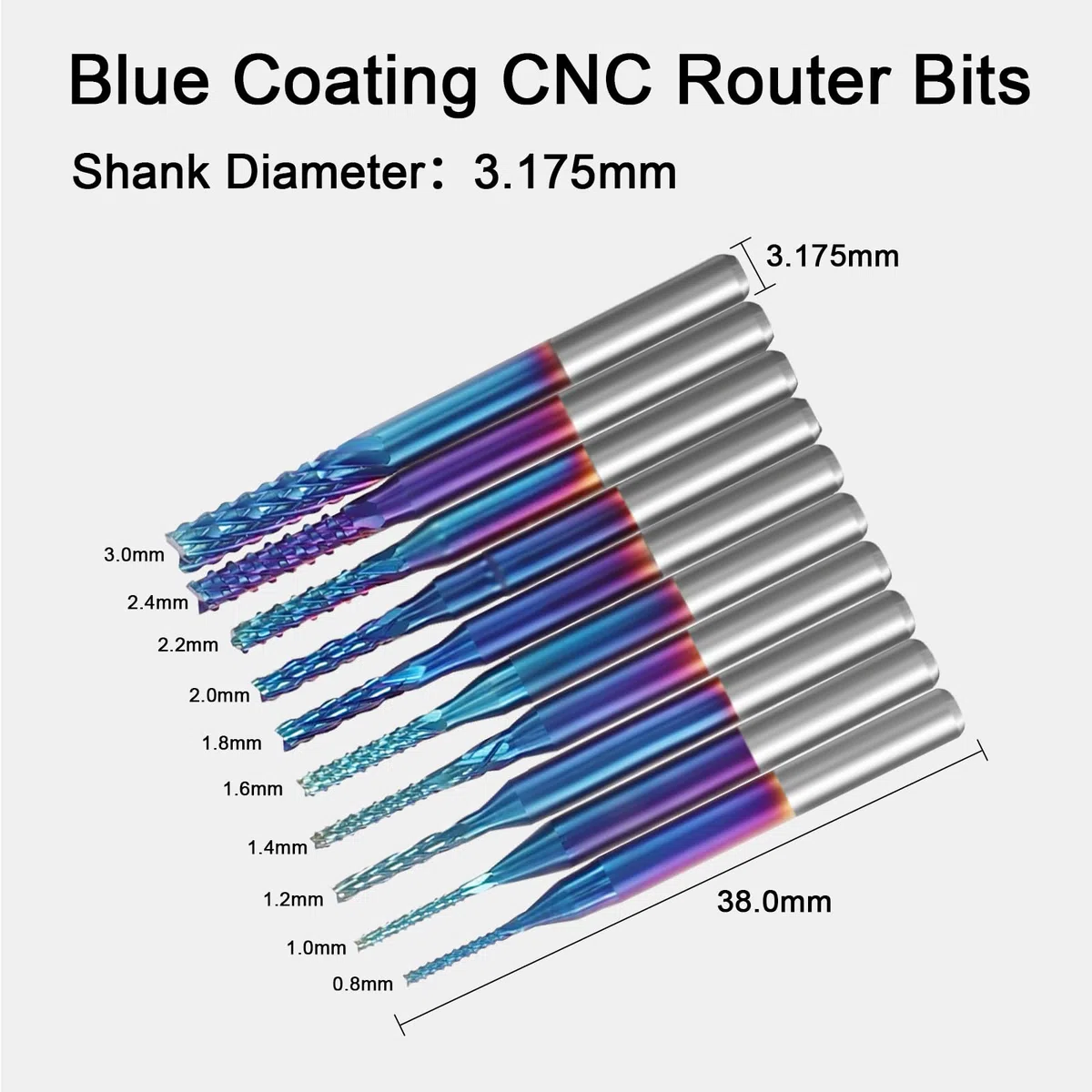 YOFULY Fresa CNC con gambo da 3,175 mm, 40 pezzi End Mills, codolo da 1/8" Fresa CNC da 1/8" con punta piatta e fresa a punta piatta, Nano Blue Coat