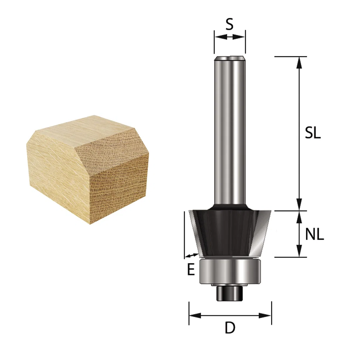 ENT 13740 Fresa a smusso carburo, Gambo (S) 8 mm, diametro (D) 17,2 mm, NL 9,5 mm, E 15°, SL 32 mm, con cuscinetto a sfere