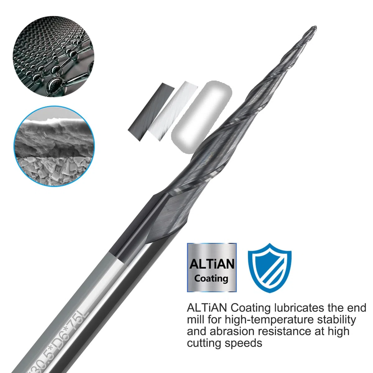 VHM, 5 punte a testa sferica, frese coniche per fresa superiore CNC 2 flauti 0,5 mm, raggio 6 mm, codolo HRC55, lunghezza totale 75 mm, rivestimento TiAlN, fresa per incisione 2D e 3D