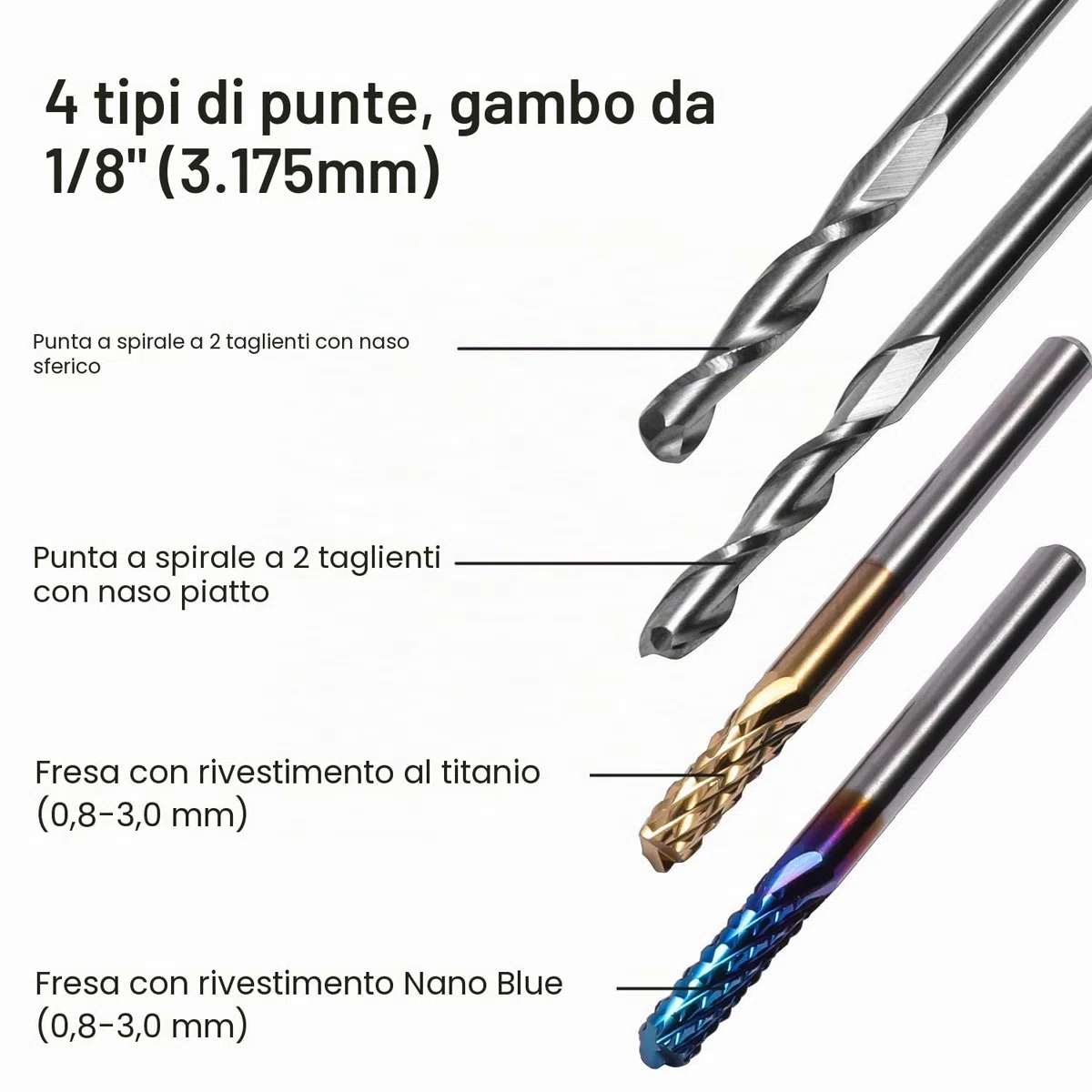 Genmitsu, 40 punte per fresa CNC per frese, gambo da 1/8", set di punte per fresatura CNC a 2 taglienti, fresa a naso piatto e testa sferica, Nano Blue Coat & Titanium Coat CNC Bit MC40A