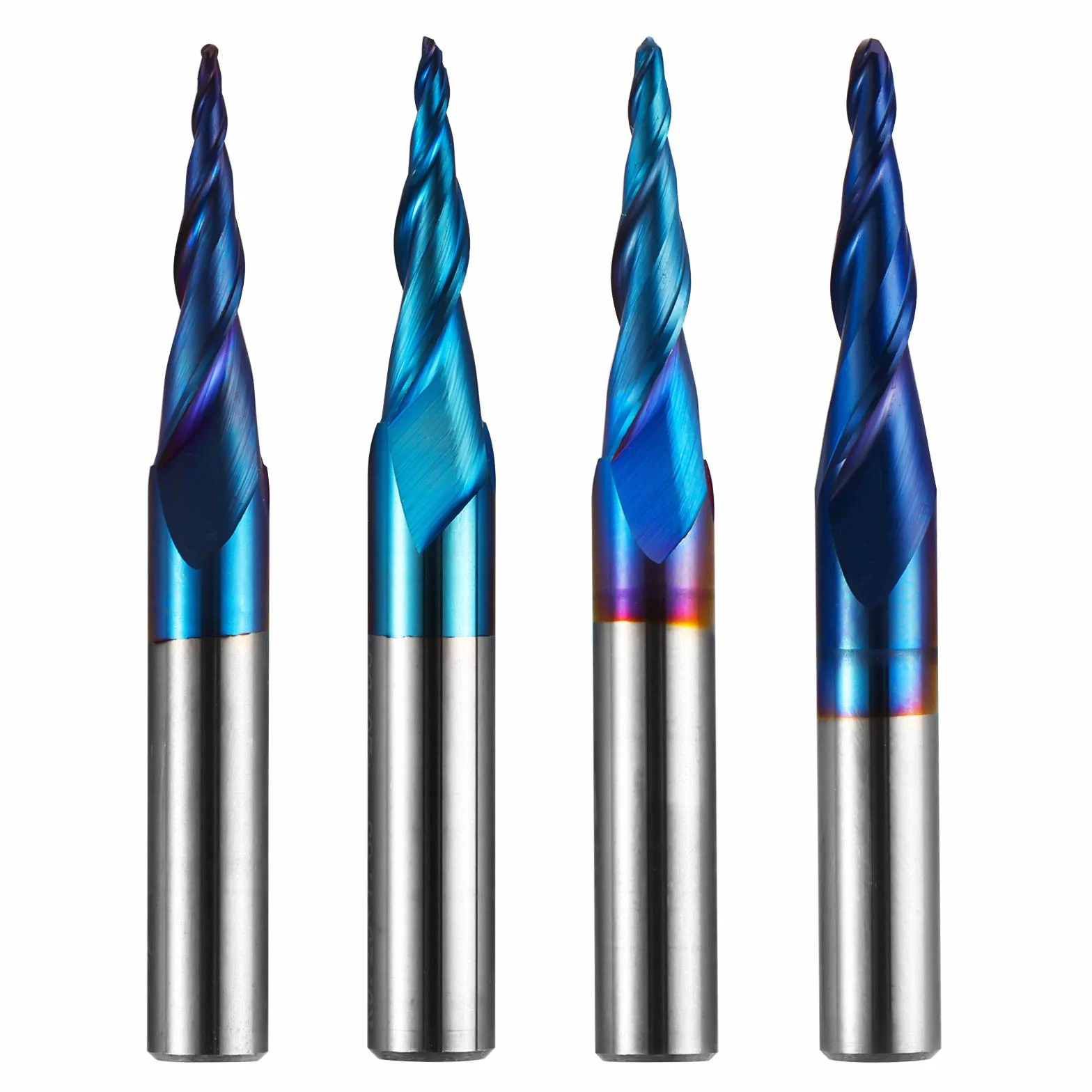 Genmitsu 4 pezzi 2-flute conico a spirale conico a punta a sfera, rivestimento nano blu, fresa CNC, incisione 2D e 3D, punte per la lavorazione del legno, R0.25-1.0, codolo da 1/4 di pollice, TB04B