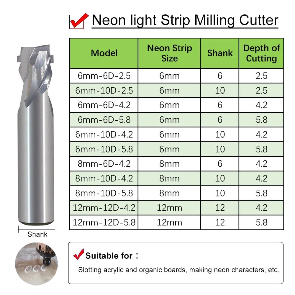 HOZLY Punte per fresa al neon CNC da 6 mm, per fresa al neon da 6 mm, per striscia luminosa al neon per scanalature, punte CNC, fresa in carburo di tungsteno, luci al neon a LED, per polistirolo