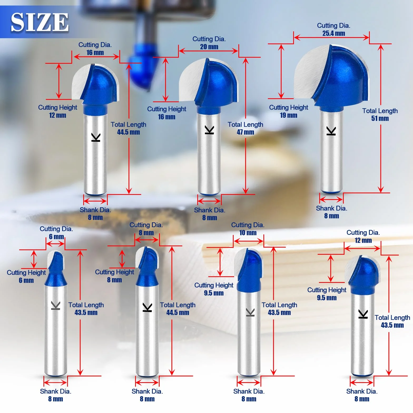 ASNOMY 7Pcs Professionale Punte Fresa per Legno in metallo duro 8 mm,6/8/10/12/16/20/25,4 mm Fresa con bordo arrotondato, fresa a rotonda per legno, per la lavorazione del legno