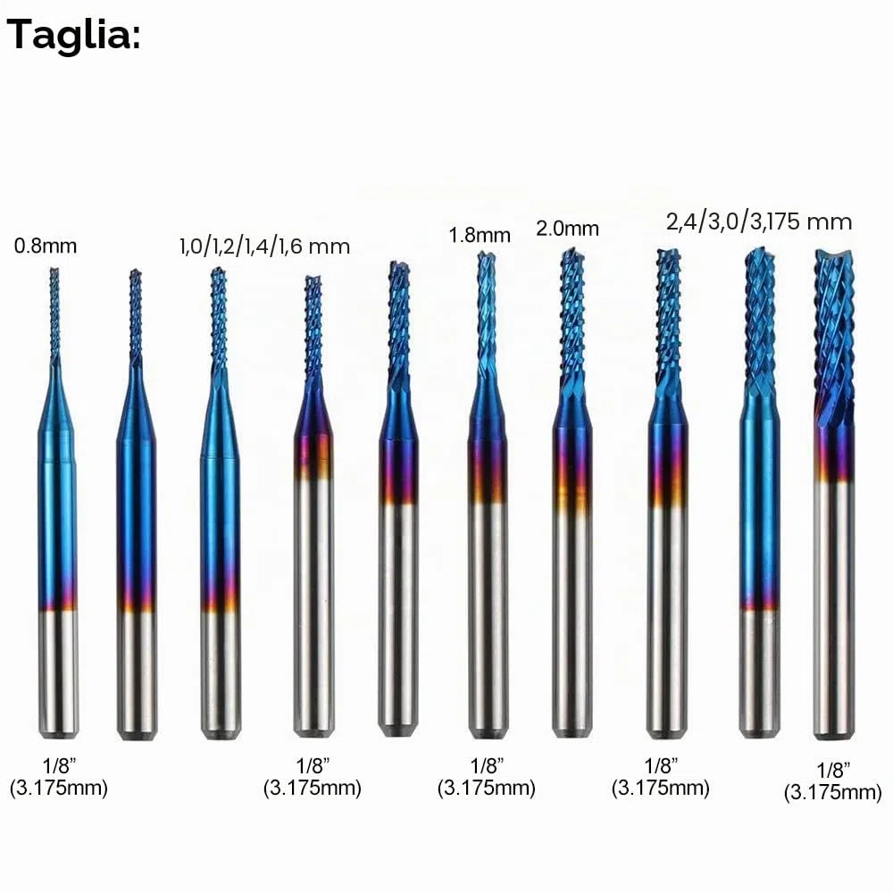 ASNOMY 20 frese CNC Nano Blue Coat, 0,8 – 3,175 mm CNC Router Bit con gambo da 1/8", set di punte per fresatura CNC per plastica, alluminio, circuiti stampati, legno