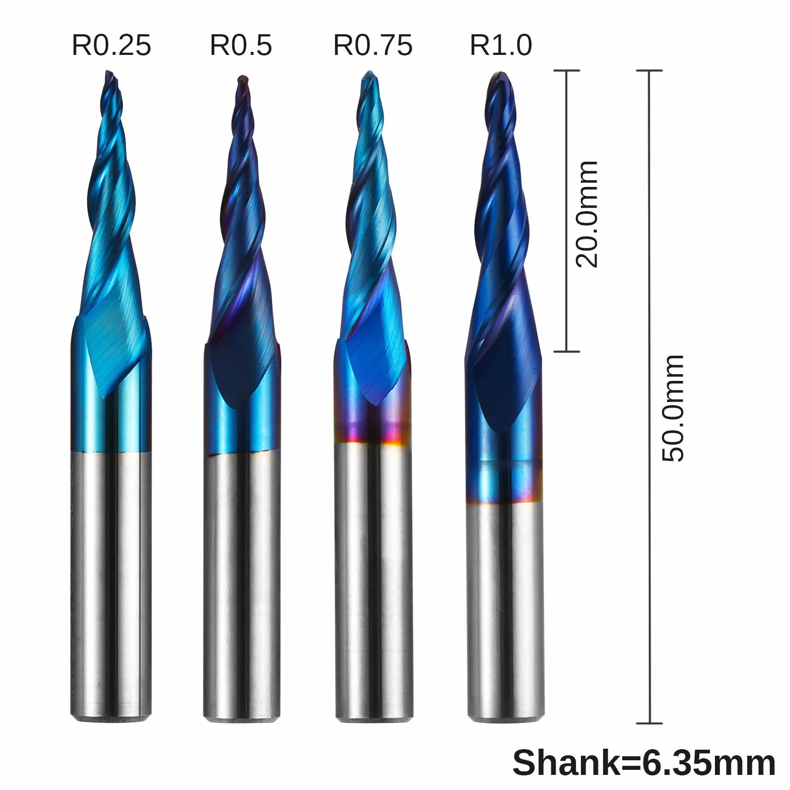 Genmitsu 4 pezzi 2-flute conico a spirale conico a punta a sfera, rivestimento nano blu, fresa CNC, incisione 2D e 3D, punte per la lavorazione del legno, R0.25-1.0, codolo da 1/4 di pollice, TB04B