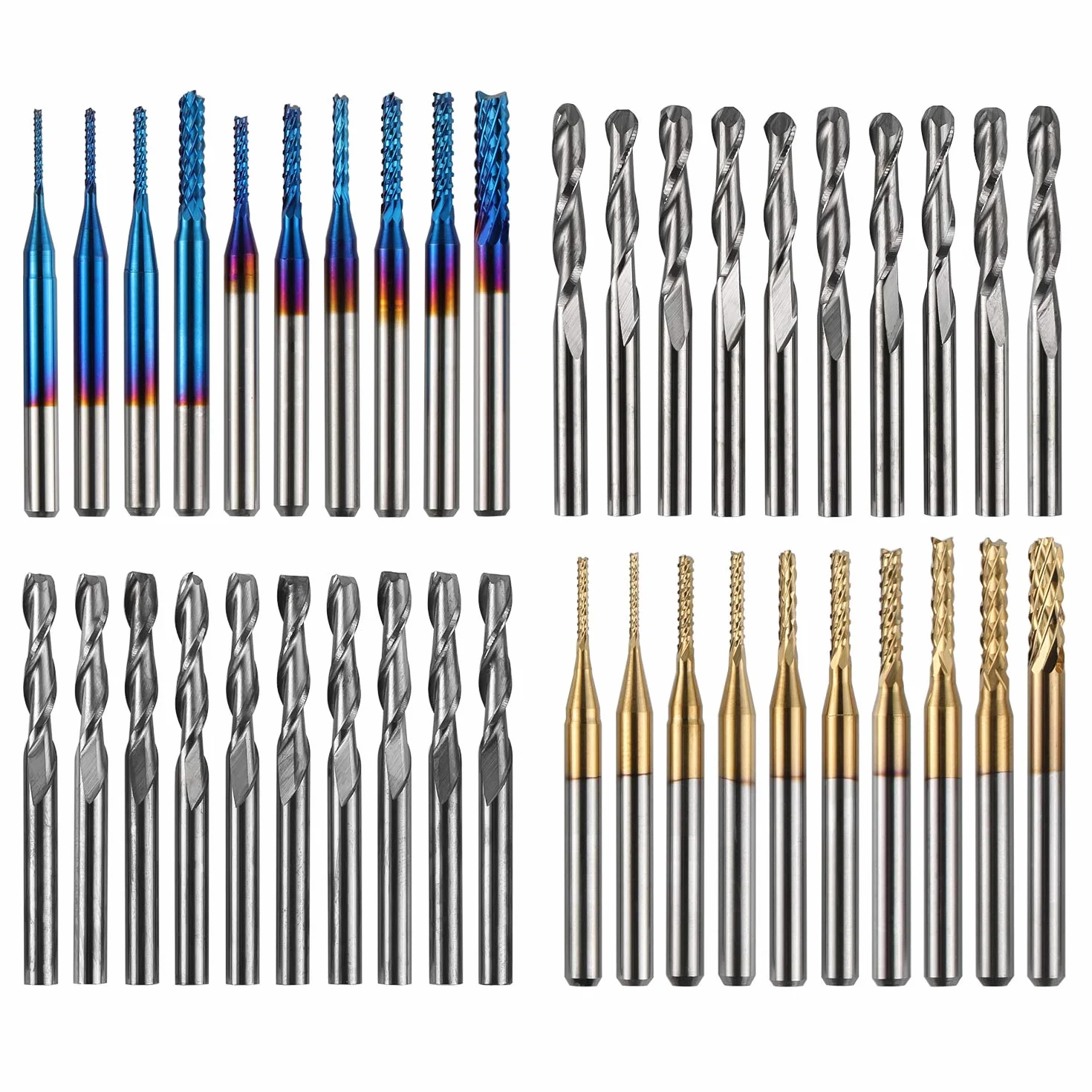 Genmitsu, 40 punte per fresa CNC per frese, gambo da 1/8", set di punte per fresatura CNC a 2 taglienti, fresa a naso piatto e testa sferica, Nano Blue Coat & Titanium Coat CNC Bit MC40A