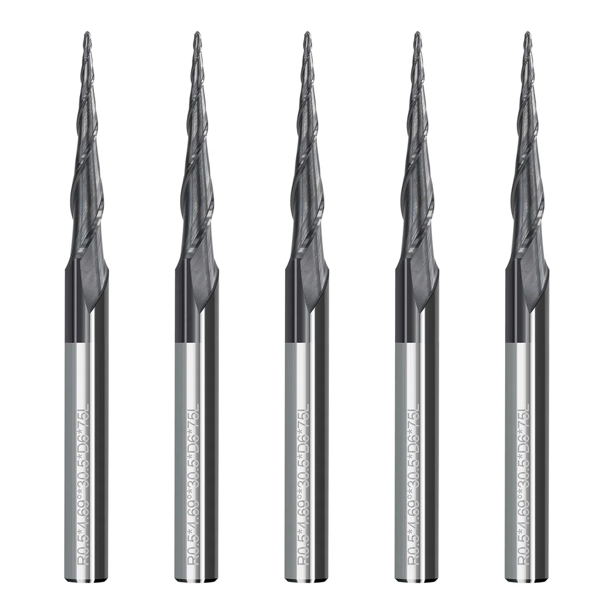 VHM, 5 punte a testa sferica, frese coniche per fresa superiore CNC 2 flauti 0,5 mm, raggio 6 mm, codolo HRC55, lunghezza totale 75 mm, rivestimento TiAlN, fresa per incisione 2D e 3D