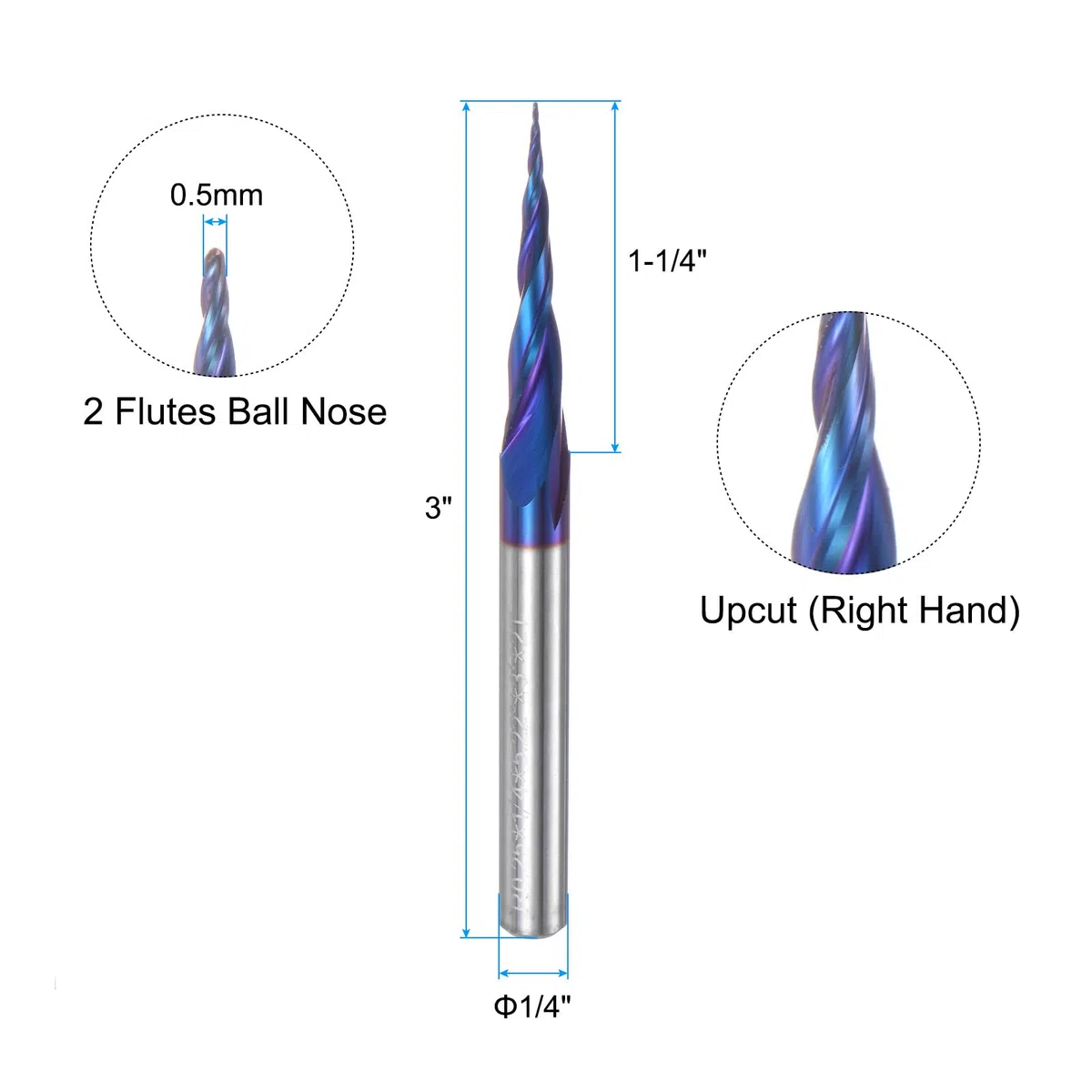 QUARKZMAN Fresa Sfera Conica Fresa CNC, Raggio 0,25 Mm, Gambo da 1/4" Carburo Tungsteno Rivestito, Spirale 2 Taglienti, Utensile Fresatura, Diametro 0,5 Mm, Lunghezza Totale 3"
