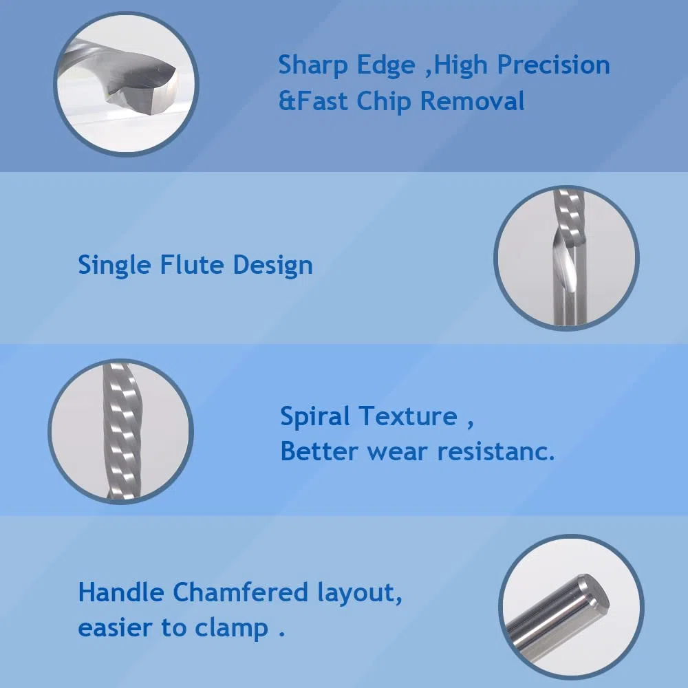 Flauto singolo da 3.175mm tagliato verso il basso (O-flauto) a spirale End Mill CNC, con taglio da 2 mm, lunghezza di taglio da 17 mm, confezione da 5