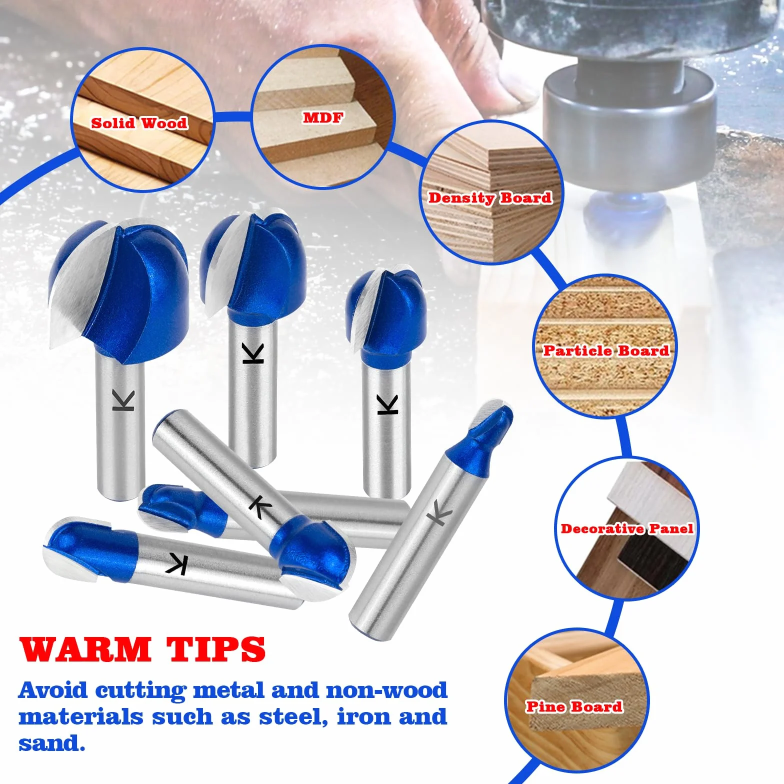 ASNOMY 7Pcs Professionale Punte Fresa per Legno in metallo duro 8 mm,6/8/10/12/16/20/25,4 mm Fresa con bordo arrotondato, fresa a rotonda per legno, per la lavorazione del legno