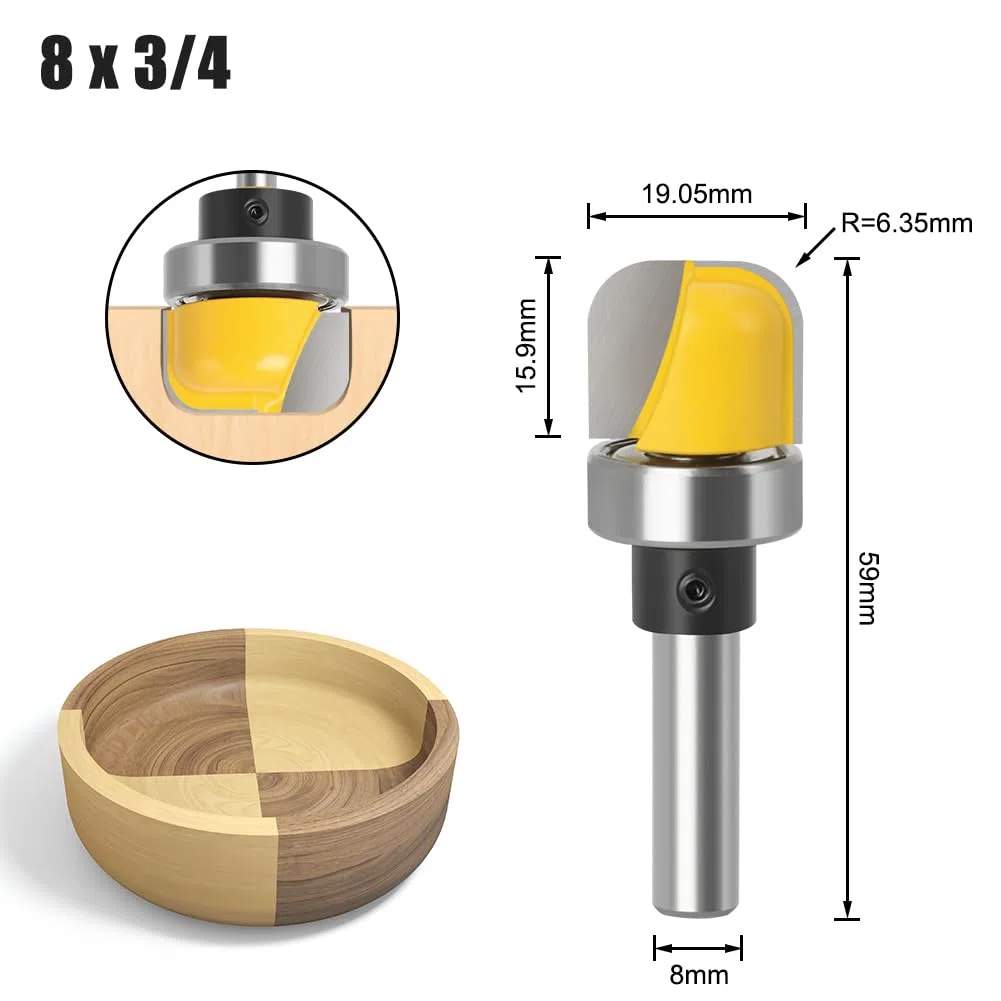 1pc 6mm/6.35mm/8mm Ciotola con gambo e amp;Punta del router del vassoio 1-1/8"Fresa a becchi tondi di diametro Fresa for arrotondare gli angoli for la lavorazione del legno(8X19.05mm)