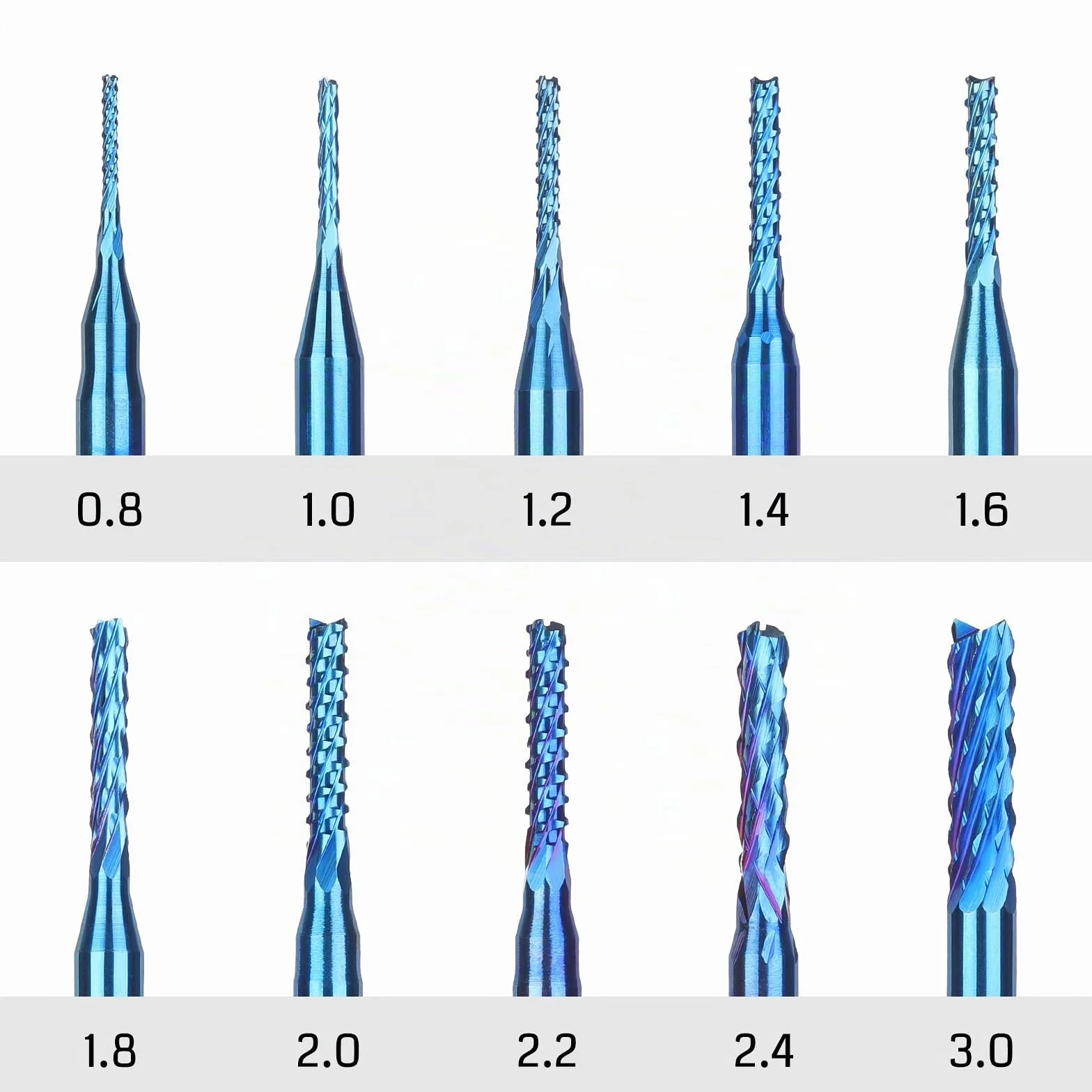 SainSmart Genmitsu Nano Blue Coat - Set di 10 frese CNC per legno PVC, alluminio, 0,8-3 mm, codolo 1/8"