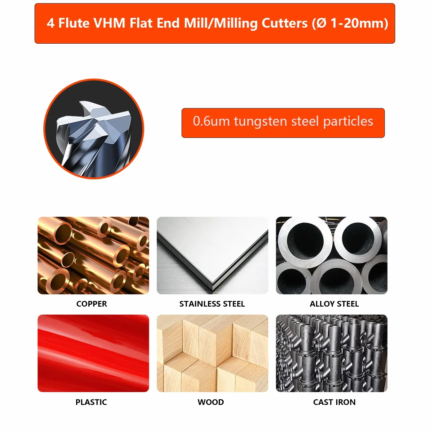 Fresa in Metallo Duro Integrale 6mm, 4 Flauti CNC Fresa Piana, Rivestimento AlTiN Nero, VHM Pour Metallo Bois Acrylique Plastique