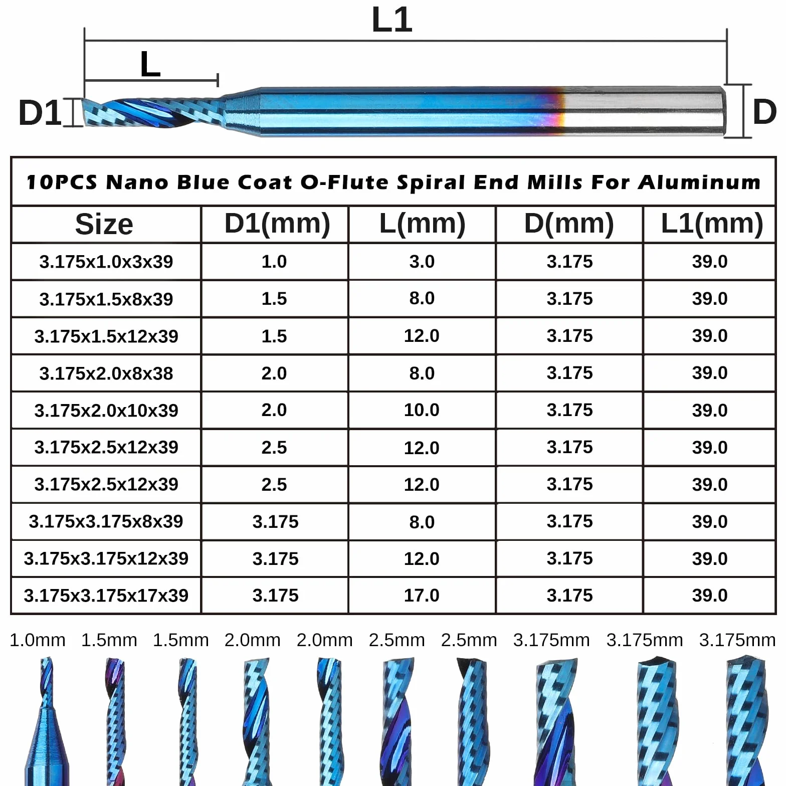 Genmitsu 1/8 pollici gambo 10 pezzi carburo spirale O flauto (singolo flauto) punte del router CNC, 91,5 HRA superiore Nano rivestimento blu, OS10B