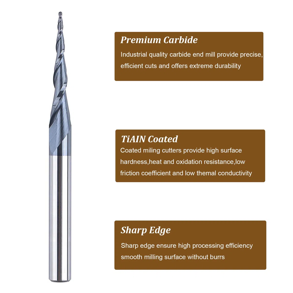 Spetool R0.5mm Shank 1/4", Carburo di Tungsteno Solido Fresa Conica Palla Naso 2 Flauti Rivestito TiAlN Fresa CNC Strumento per Incisione Intaglio