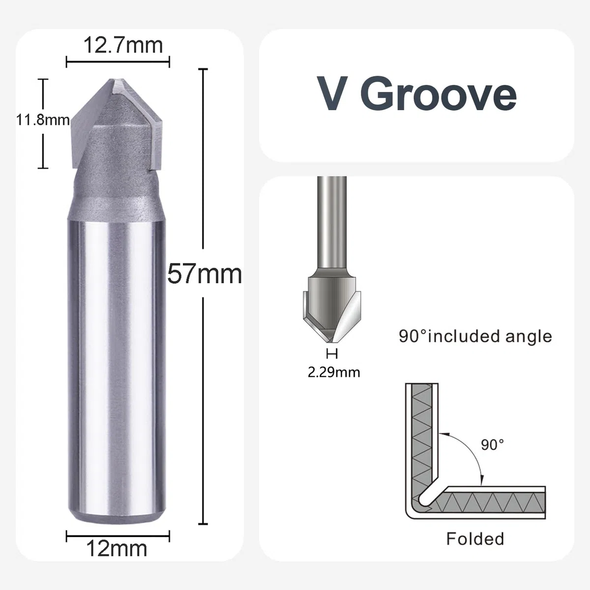 SpeTool Fresa per smussatura in alluminio V, fresa per scanalatura in alluminio, 12 mm, codolo 90 gradi VHM, fresa per legno con rivestimento TiAlN, fresa CNC per fresatrice superiore
