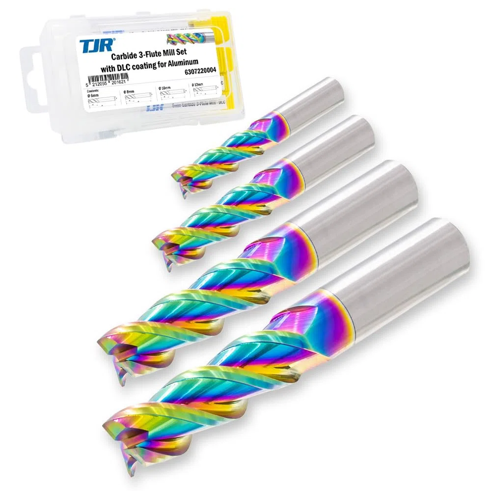TJR Set di 3 frese (6/8/10/12 mm) con rivestimento DLC per alluminio e metalli non ferrosi, fresa CNC in metallo duro ad alta velocità, utensili di precisione per sgrossatura e finitura, lunghi