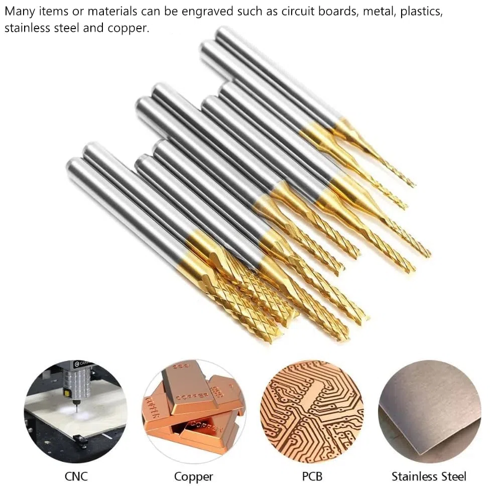 10 Pezzi Fresa CNC, Fresa per CNC in Carburo di Tungsteno, Punte Carburo Rivestite in Titanio, per Circuiti Stampati, Metallo, Plastica (1,0mm, 1,5mm, 2,0mm, 2,5mm, 3,0mm, 2 Pezzi per Tipo)