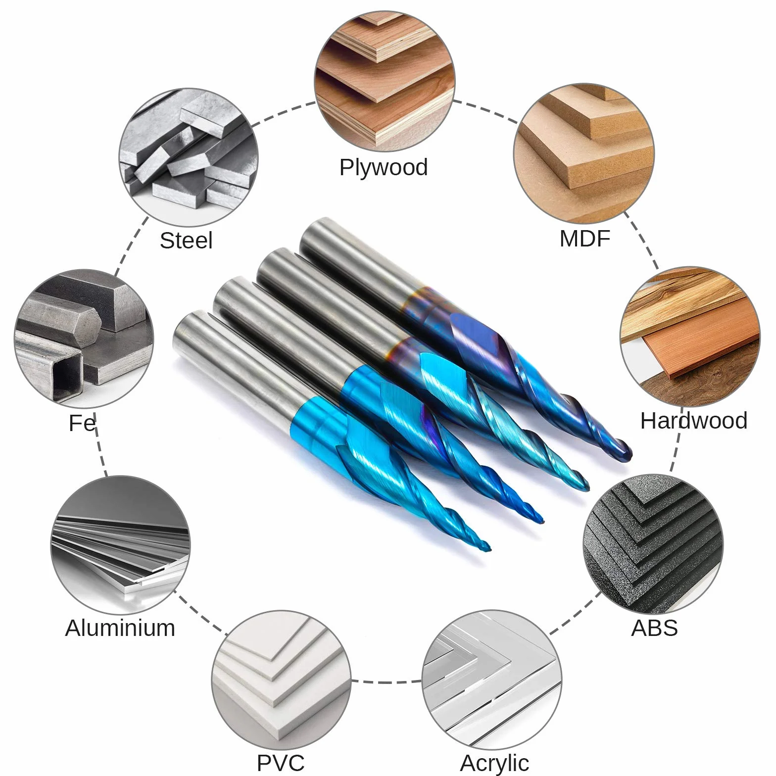 Genmitsu 4 pezzi 2-flute conico a spirale conico a punta a sfera, rivestimento nano blu, fresa CNC, incisione 2D e 3D, punte per la lavorazione del legno, R0.25-1.0, codolo da 1/4 di pollice, TB04B