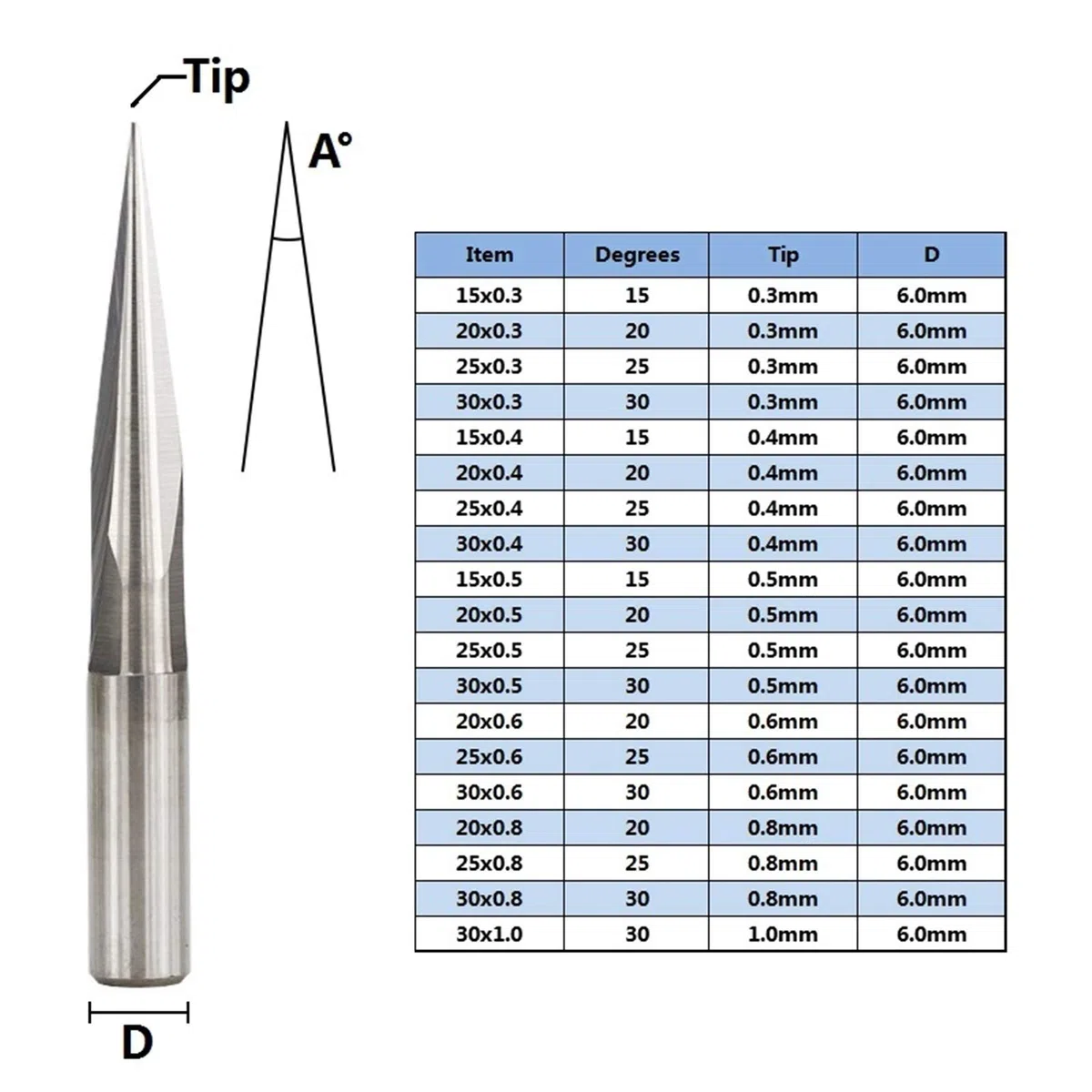 Zxxin-Punta della Fresa, 1pc CNC Carving Bit 6mm Shank 15/20/25/30 Gradi V Shape End Mill Tip 0.3-1.0mm 2 Flauto PVC Incisione acrilica Incisione Acrilico, Accessori