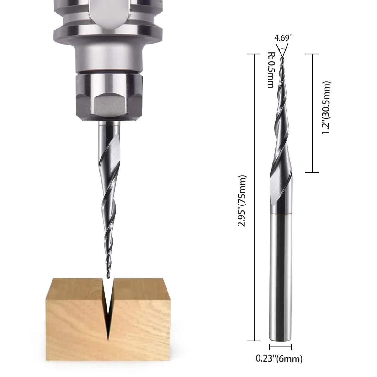 HOZLY Frese coniche a testa sferica per CNC, 2 pezzi, frese a sfera con bit a spirale a 2 tagli con gambo da 6 mm, frese a codolo con HRC55, raggio 0,5 mm, frese per intaglio CNC con rivestimento